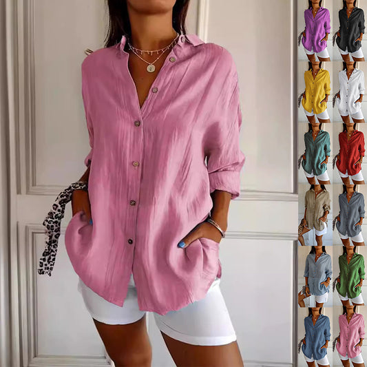 Classic Pleated Textured Single-Breasted Lapel Shirt for Women